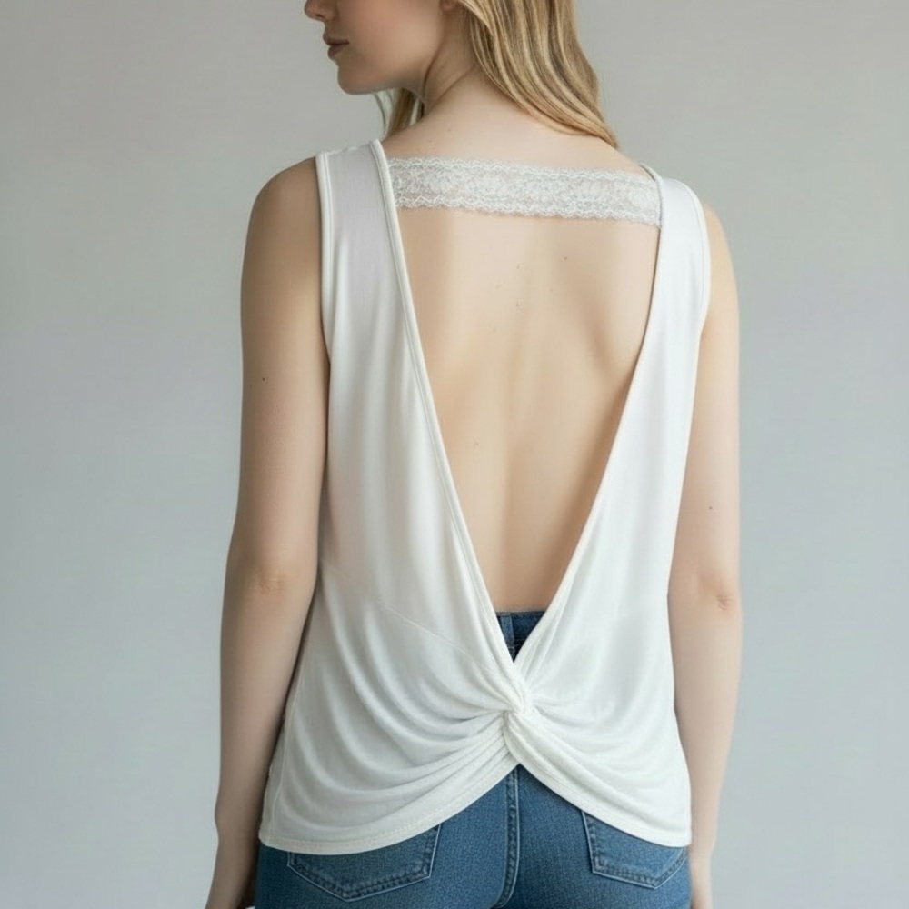 POL Ivory Lace Embroidered Twist Front Tank | Boho Cottagecore Top S - Picture 4 of 4